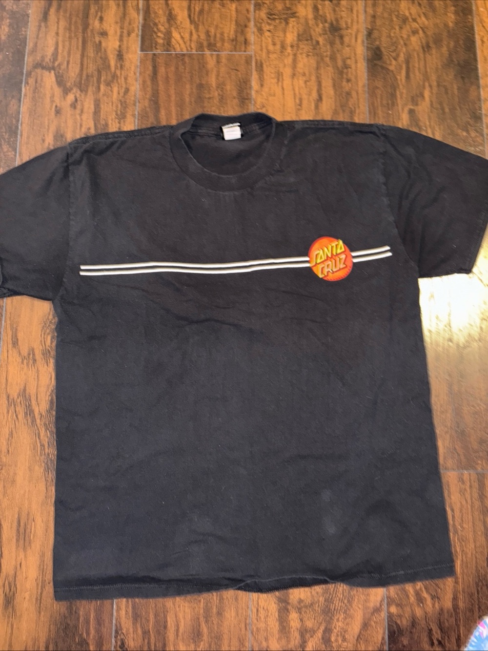 Santa Cruz Skateboards Black Tee with White Stripe and Orange Logo